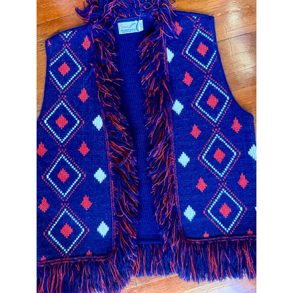 Vintage 60’s Penrose Orlon Acrylic Blue Red White Argyle Fringe vest jacket Mod - Picture 3 of 4